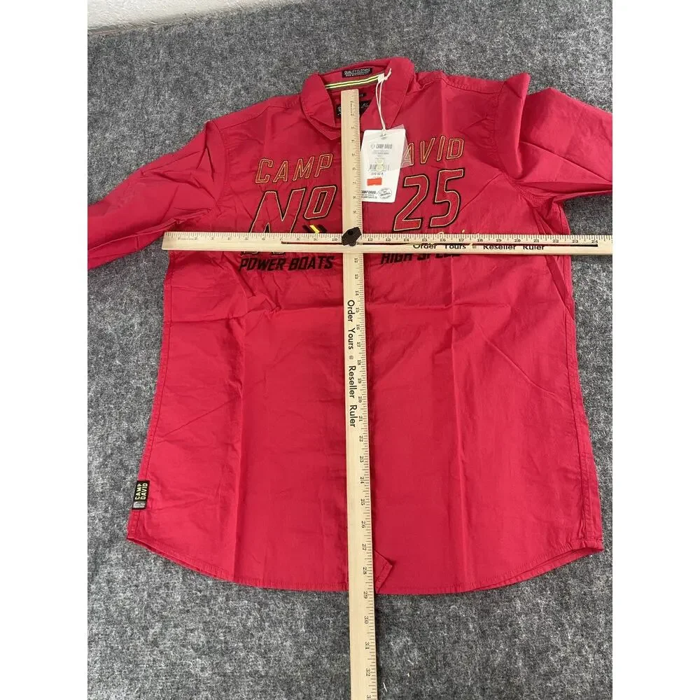 Camp David Shirt Mens Large Button Up Embroidered Red Long Sleeve N249